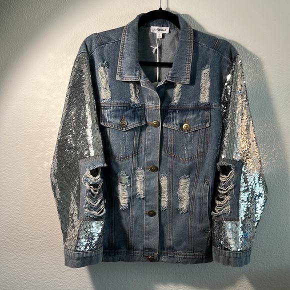 Macaron Distressed Denim Jacket With Sequin Sleeves (Size S) - Picture 4 of 12